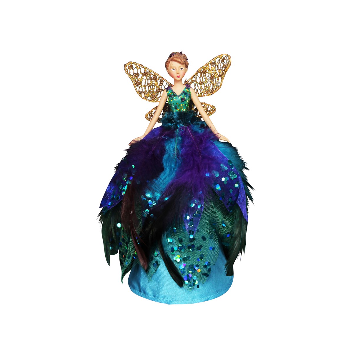 Resin and sheer peacock feather Christmas fairy tree topper. By Gisela Graham. The perfect festive addition to your home.